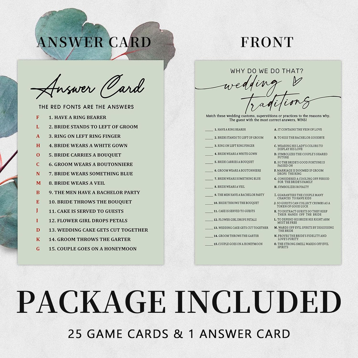 Bridal Shower Games, Wedding Traditions Why Do We Do That, 25Pcs Minimalist Sage Green Bridal Game Cards with 1 Answer Card, Wedding Shower Games for Guests, Engagement Bachelorette Party Supplies