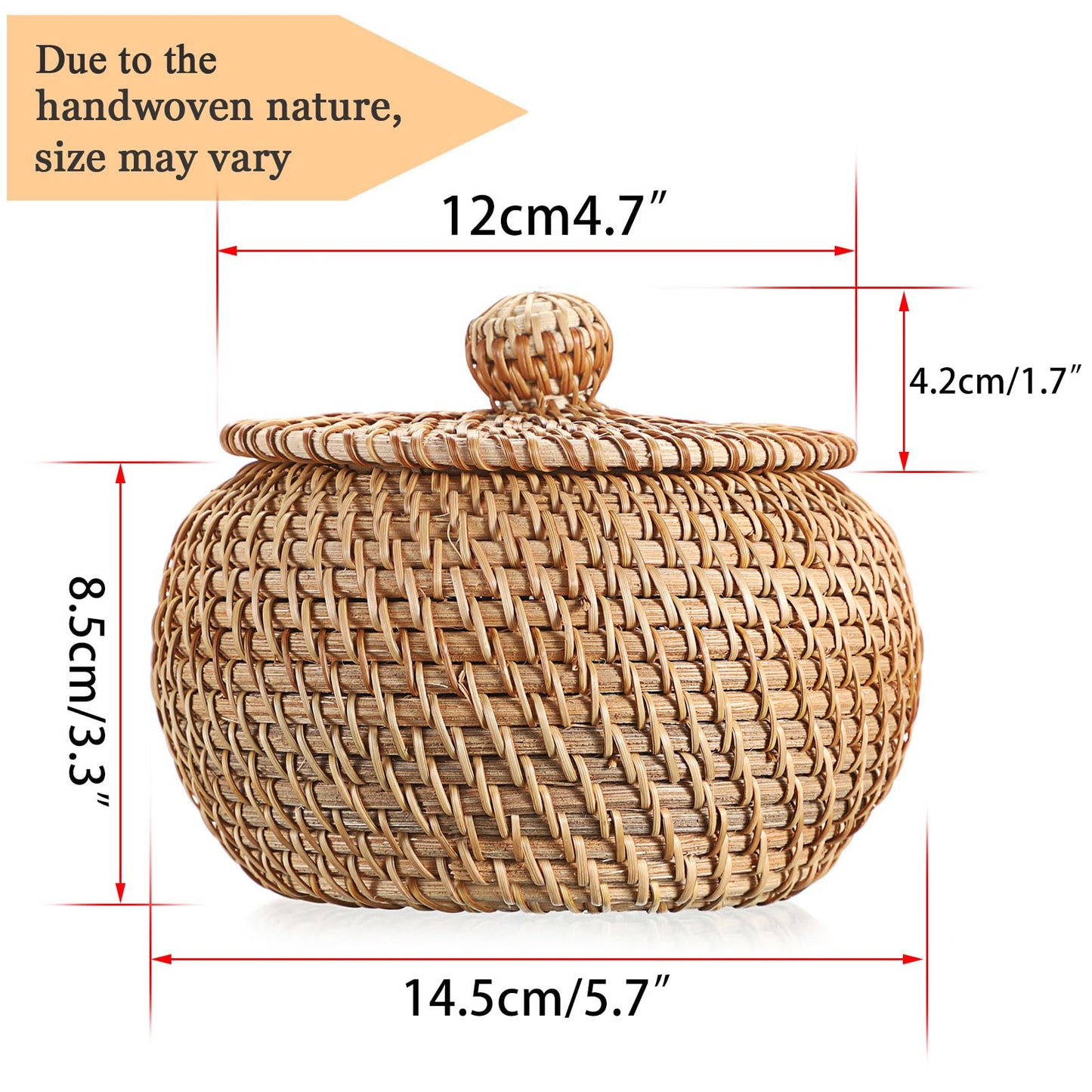 Hipiwe Round Rattan Basket Boxes With Lid Hand-Woven Wicker Storage Baskets Bin Decorative Basket Box Multi-Purpose Picnic Food Bread Basket Small Keys Basket Bowl for Entryway (X-Small,4.7"x3.3")