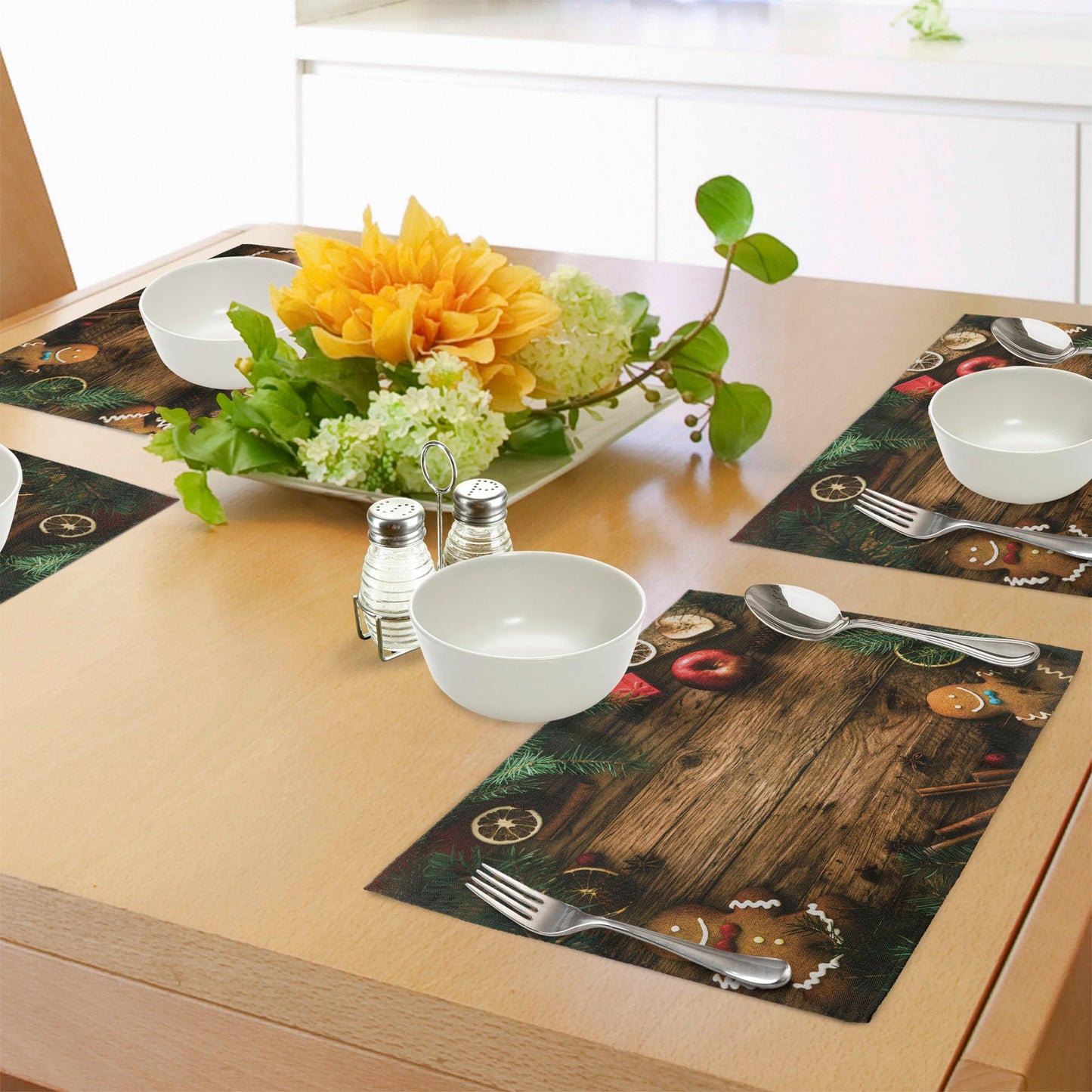 Ambesonne Christmas Place Mats Set of 8, Gingerbread Man Gift Box Coniferous Pine Cinnamon Dessert on Rustic Wood Theme, Washable Fabric Placemats for Dining Table, Placemat 8 pcs, Green and Brown
