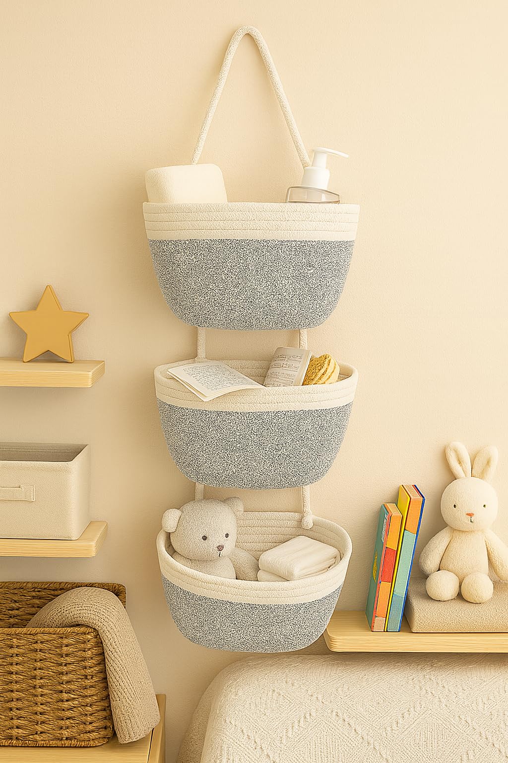 Japanese Handmade Cotton Rope Hanging Basket Organizer – 3 Tier Wall boho Storage Organizer for Toys , Snacks & Décor – Eco-Friendly Coiled Weaving Craft, Housewarming & Shower Gift (White&beige)