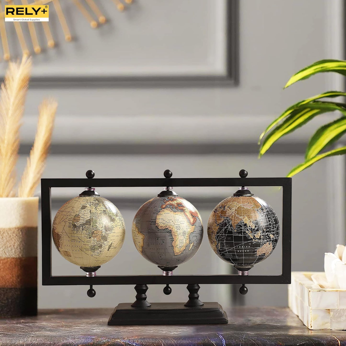 Rely+ Set of 3 4'' Earth Globe for Desk Elegant Office Decor World Globe Sturdy Metal Stand (NOT PLASTIC!) - Rotating Desktop Globes For Geographic Home Table Gift for Adult Decorative Book Shelf