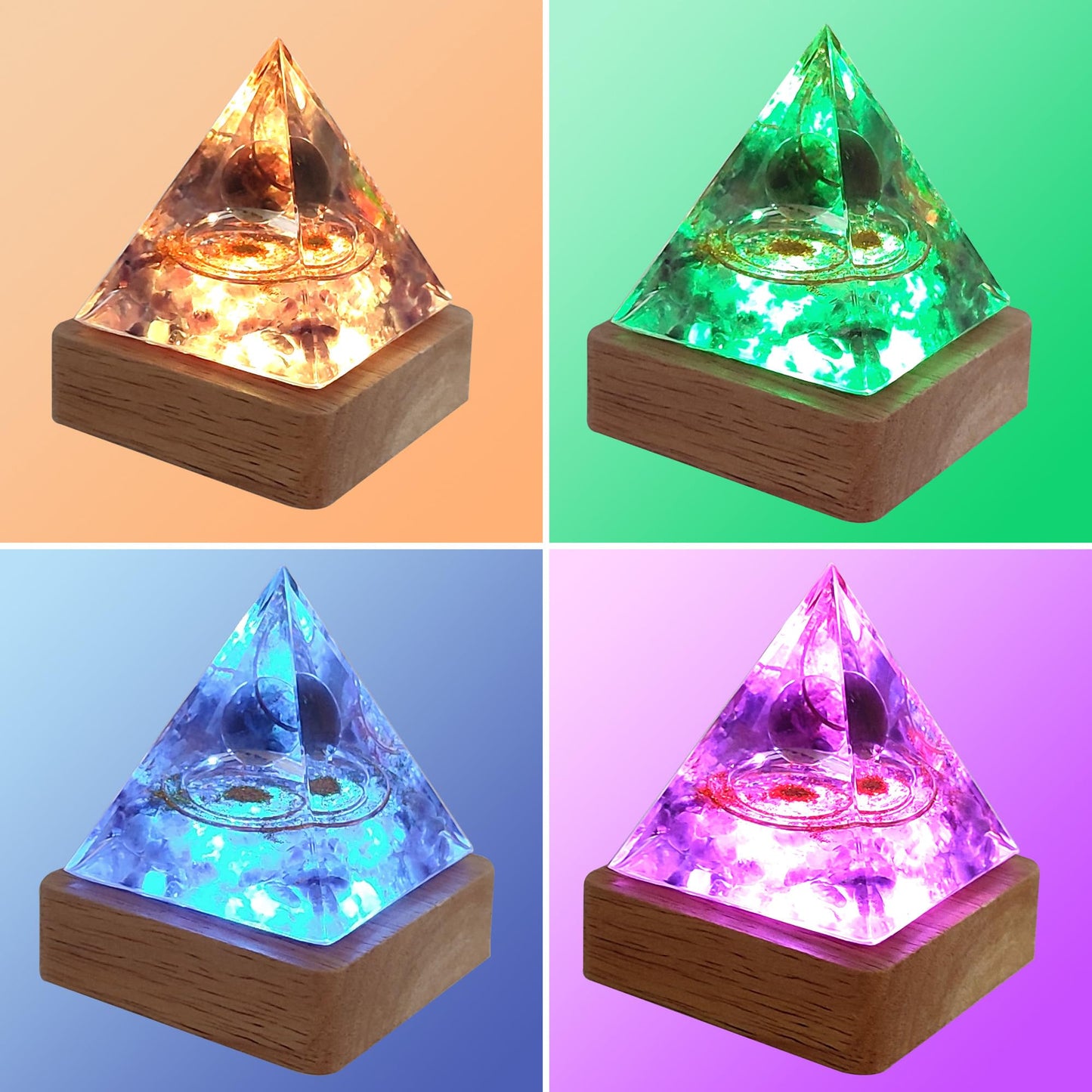 XQIGI Orgone Crystal Pyramid for Positive Energy, Light Base Natural Orgonite Amethyst Gemstone Obsidian Ball Stones, Healing Pyramids Gift for Chakra Reiki Healing Meditation Lucky Happiness Fortune