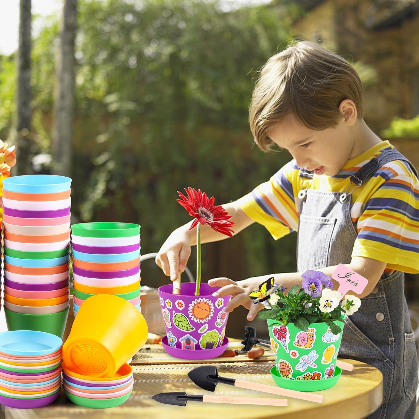 Aweyka 32 Set Garden Plastic Pot Craft Kit DIY Flower Plant Crafts Nursery Pots with Stickers Flower Planting Growing Kit for Spring Summer Home Classroom School Creative DIY Art Project Activities