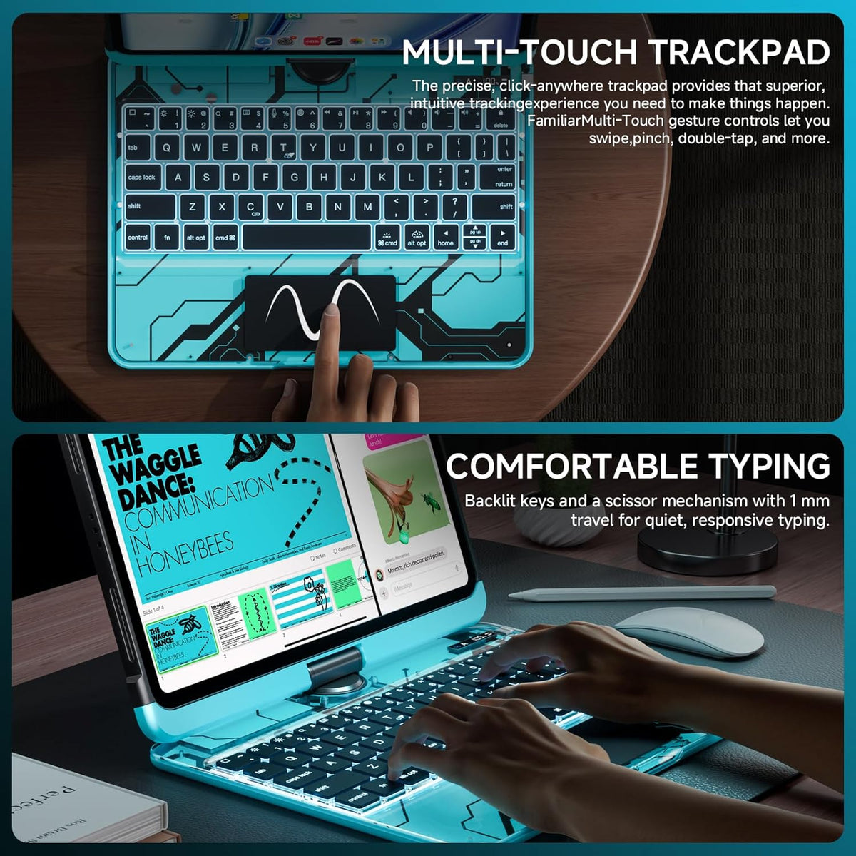 Transparent Case with Keyboard for 2024 iPad Pro 11-inch (M4),with 7-Color Backlit Wireless Keyboard, 360°Rotatable Protective Case Multi-Touch Trackpad,with Pencil Holder,with Shortcuts,Blue