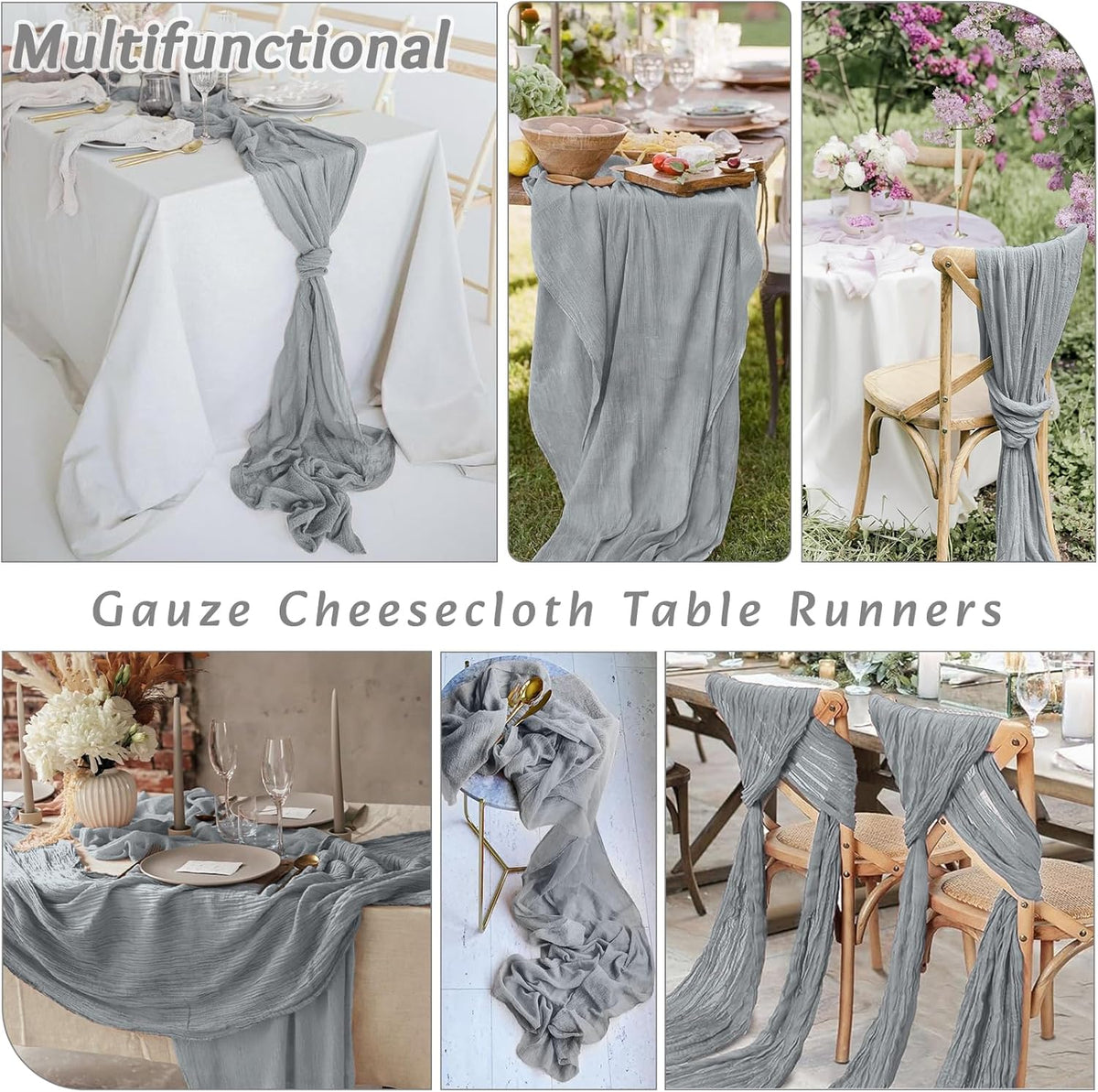 4Pack Grey Table Runner 10FT Cheesecloth Table Runner 35x120Inch Long Boho Cheese Cloth Table Runners Rustic Gauze Table Runners for Party Wedding Bridal Shower Baby Shower Decorationsor
