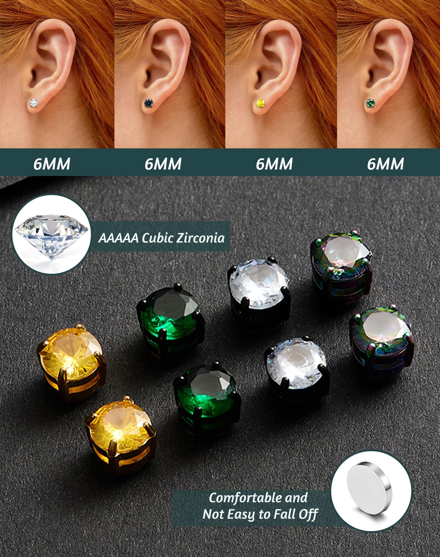 SIISPRI 4 Pairs Stainless Steel Magnetic Stud Earrings for Men Women Hypoallergenic Inlaid Cubic Zirconia Unisex Non-Piercing Clip On Stud Diamond Earrings Set