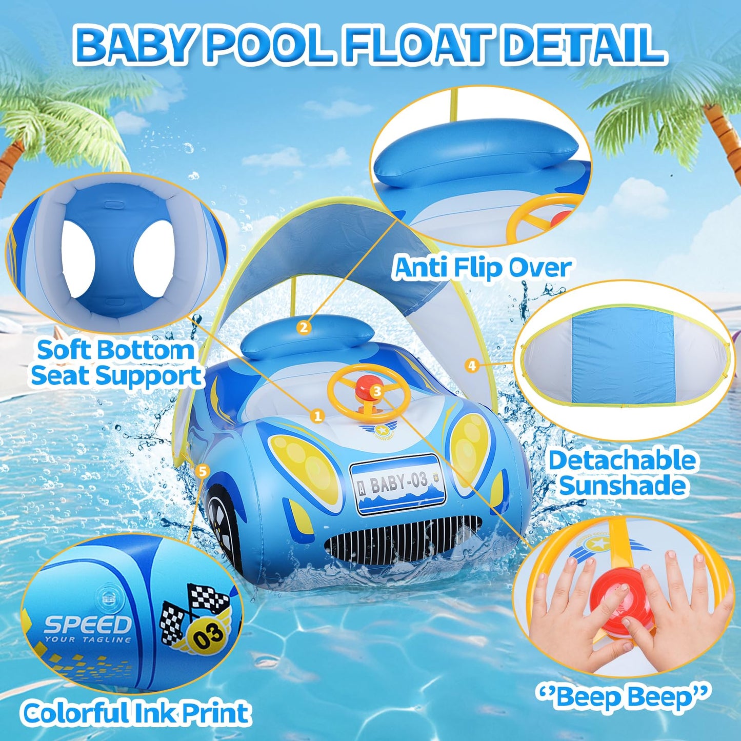 Baby Floaties for Infants with Canopy: Qoosea Baby Pool Float with UPF50+ Sun Protection & Toy Play Steering Wheel Baby Swimming Float with Patch Kit for Babies Baby Float for 18-48 Month