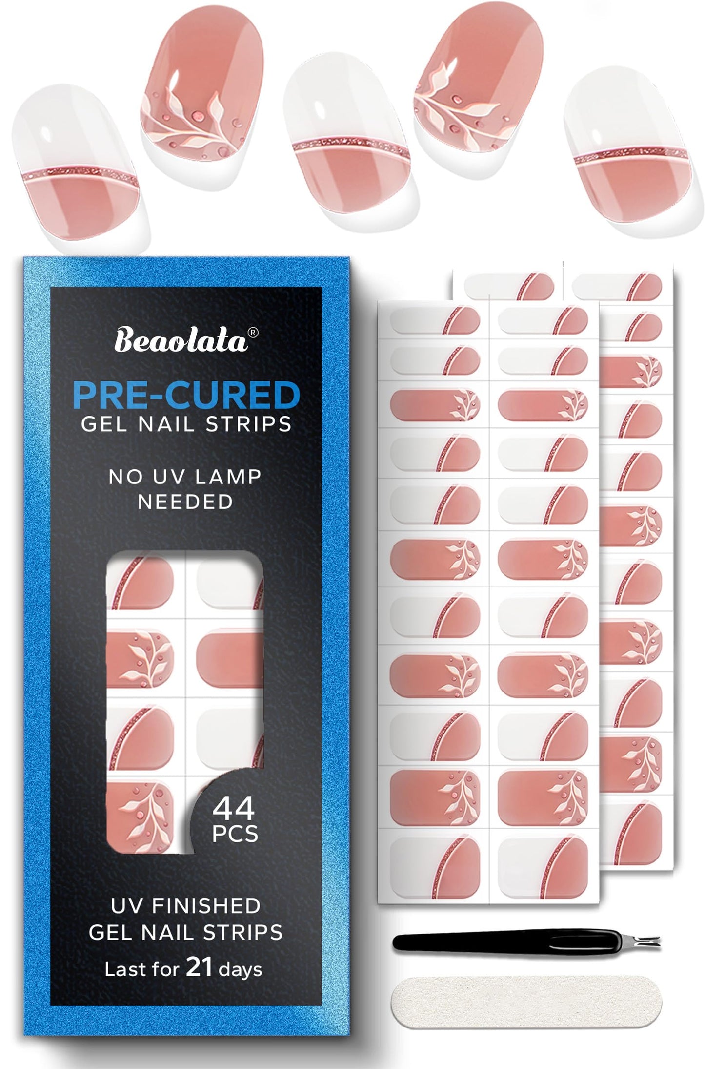 Beaolata Real Gel Nail Strips (No UV Light Needed) - 44Pcs Salon Quality Nail Stickers - Long Lasting Polish Wraps for Women, Easy Apply & Remove (Whispering Pink)