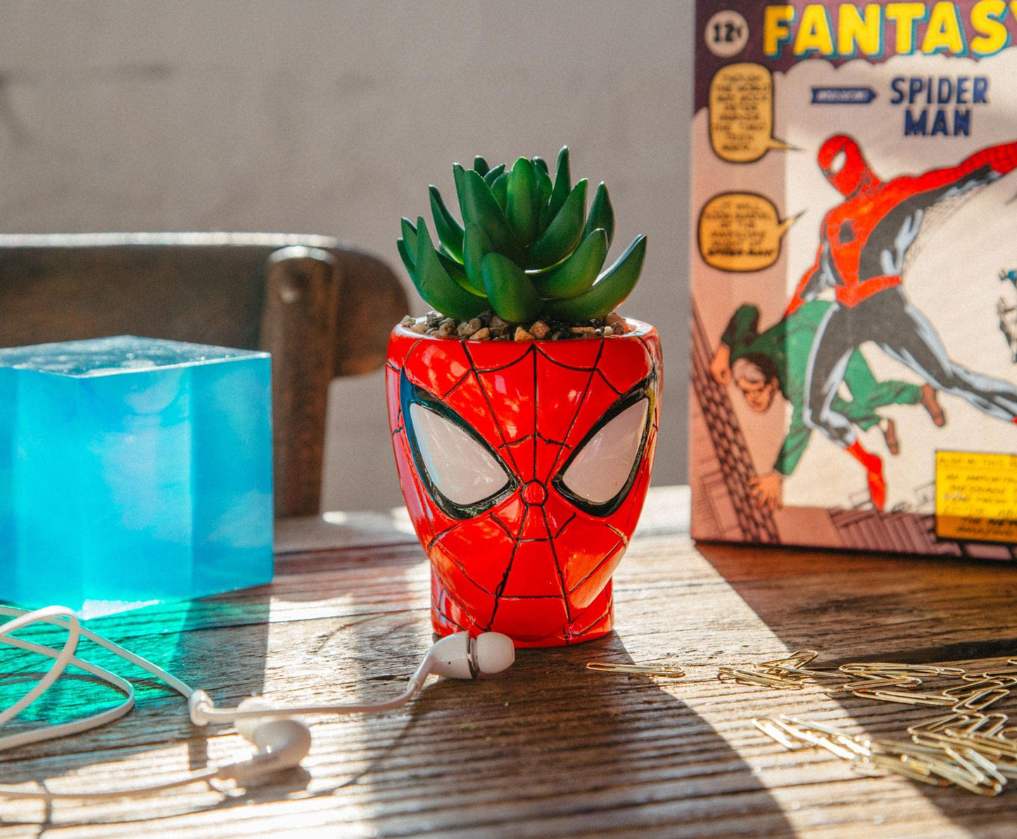 Marvel Comics Spider-Man Web-Head 3-Inch Ceramic Mini Planter with Artificial Succulent | Small Flower Pot, Faux Indoor Plants