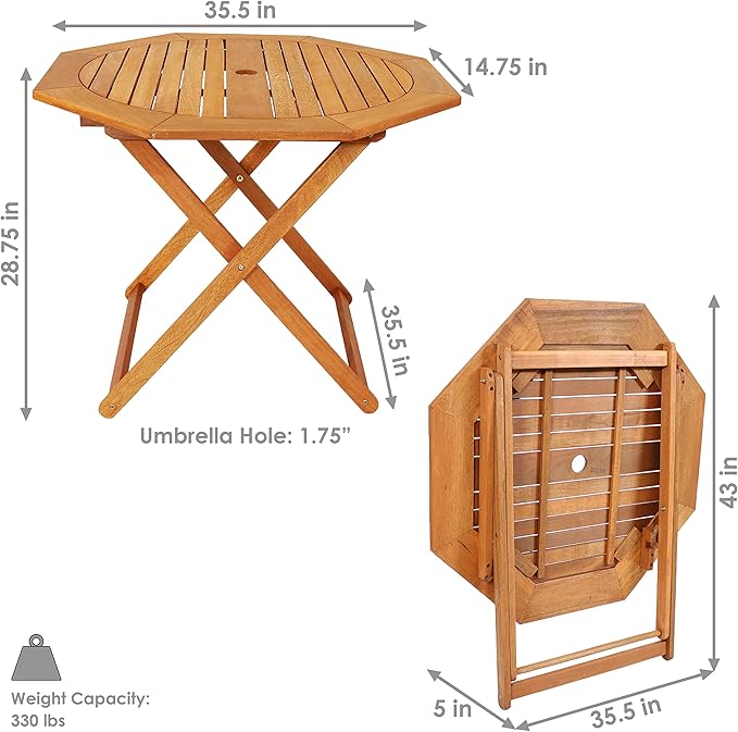 Sunnydaze Folding Meranti Wood Outdoor Dining Table with Umbrella Hole - Foldable Teak Patio Table - Teak Oil Finish - Octagon