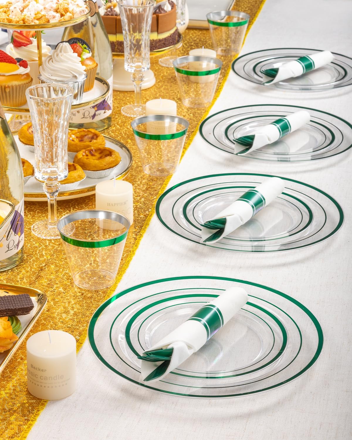 Goodluck 175 Piece Green Plastic Plates, Clear Plastic Silverware Disposable Plates Set, Include 50Plates, 25Pack Pre Rolled Napkins with Silverware, 25Cups for Party, Wedding, Graduation