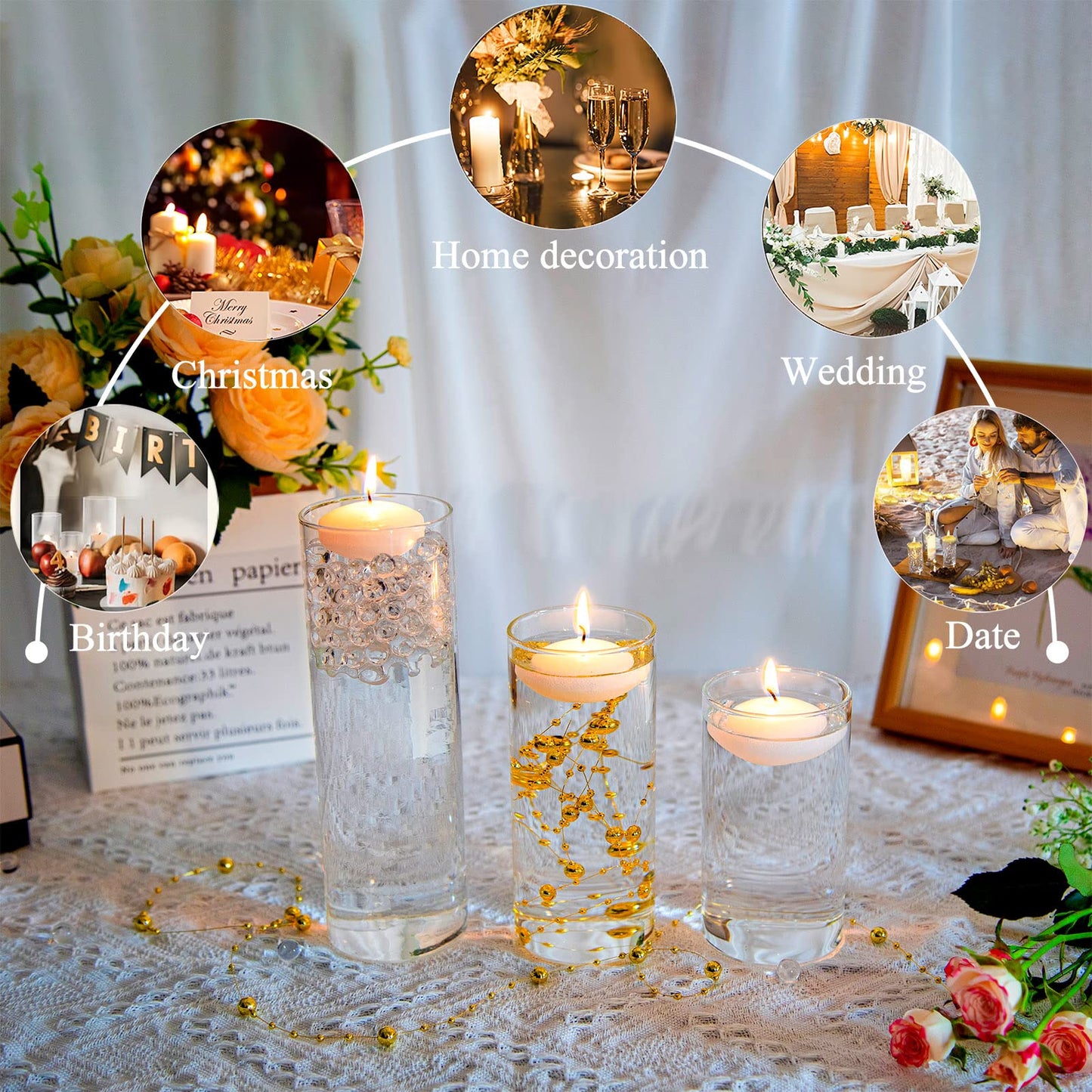 UDU 16 Set Glass Cylinder Vases for Centerpieces with 80000 Clear Beads 24 White Floating Candles 12 Pearl String Center Pieces Decoration for Table Table Wedding Party Home