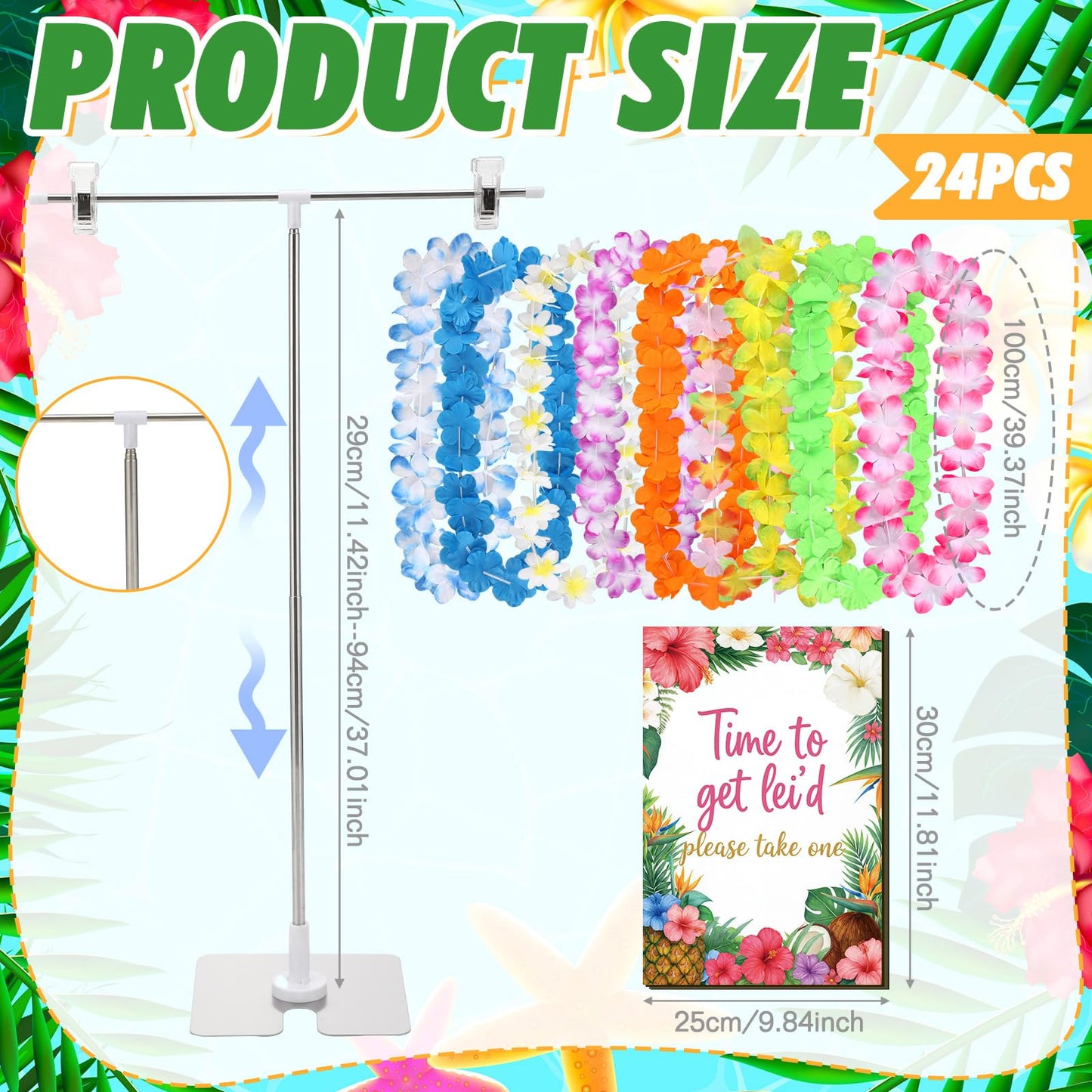 Suncalla 26 Pack Hawaiian Leis Luau Party Decoration Set Include 24 Pcs Hawaiian Leis 1 Pcs Wreath Stand ( Adjustable Base) 1 Pack Luau Party Welcome Wooden Signs for Summer Tropical Flower Lei Shows
