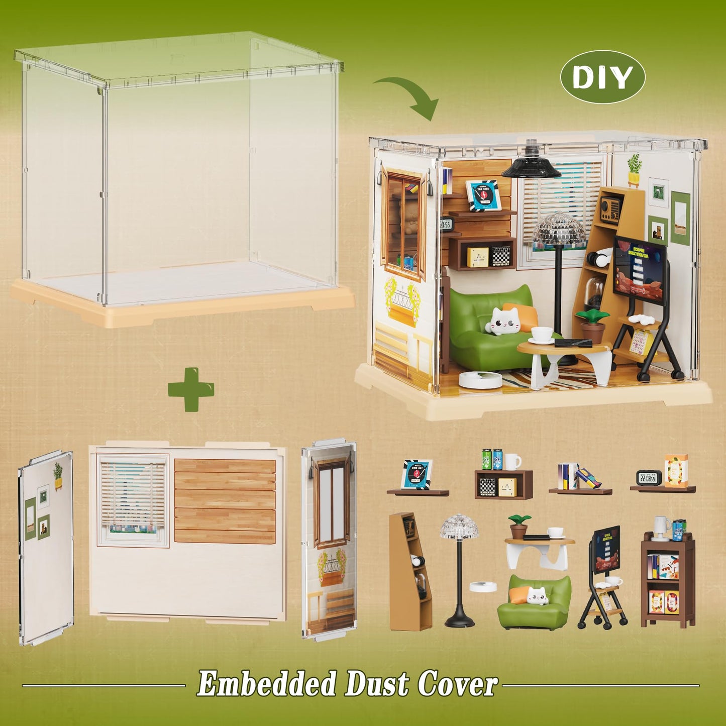 DIY Miniature Living Room Dollhouse Kit with LED, Suitable for Display Mini Figures, Make It Miniature, Mini Dollhouse Kit for Adults, Teens, and Beginners to Build, Gift for Friends and Hobbies