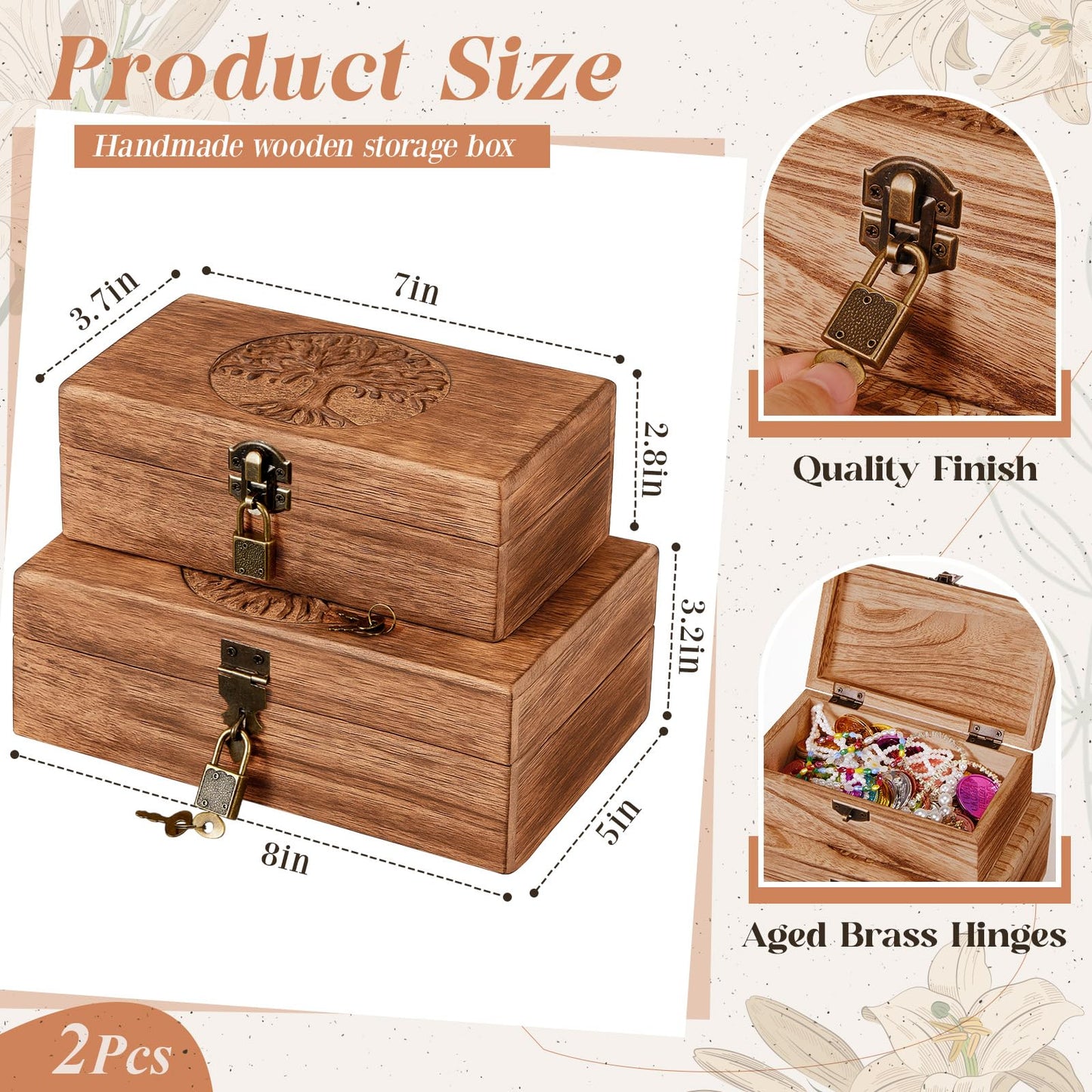 Vicenpal 2 Wooden Tree Keepsake Boxes with Lock, (8x5x3.2 inch & 7x3.7x2.8 inch), Handmade Decorative Treasure Chest Box, Gift Ideas for Men & Women Jewelry Rings Storage