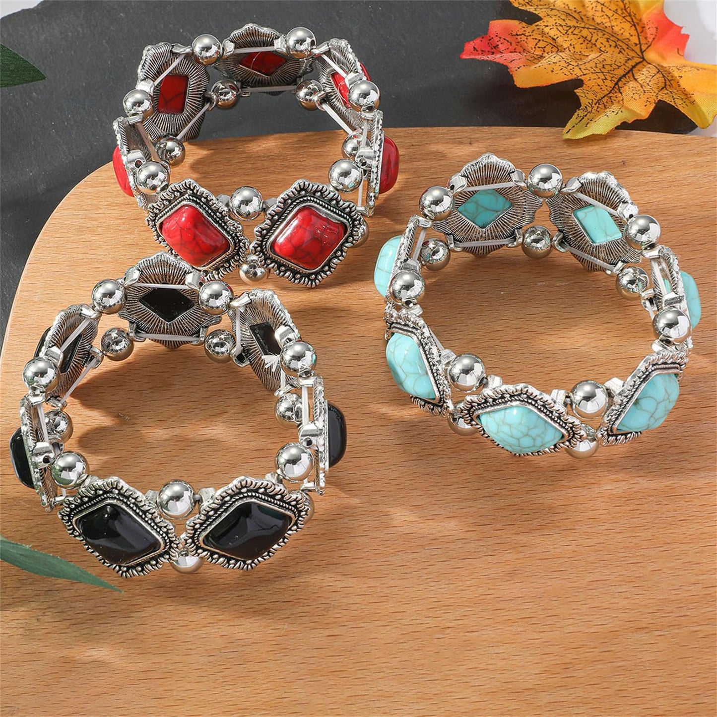 QLYOVWE Turquoise Stone Silver Overlay Link Bracelet for Women Bohemia Gemstone Adjustable Link Bracelets Handmade Link Bracelets Christmas Summer Beach Bracelets Jewelry (Blue)