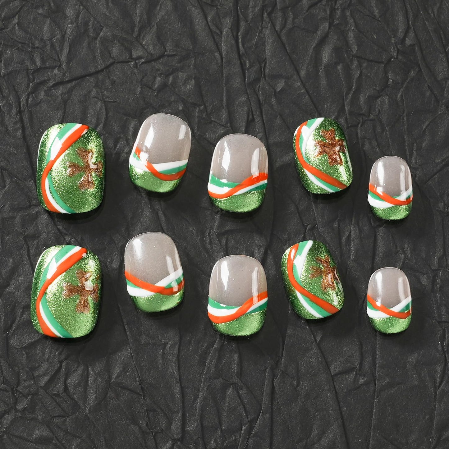Tesytto Short Round Press On Nails, Green Glitter with Multicolor Line & Gold Clover Accents, Handmade Reusable Full Cover Nail Art (Size M)