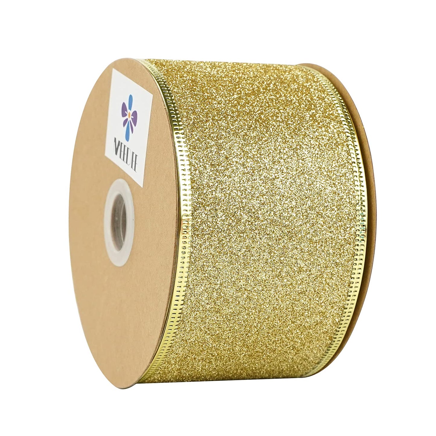 MEEDEE Gold Wired Ribbon 2.5 Inch Metallic Thick Glitter Ribbon by 25 Yards for Christmas Tree Decoration, Garland, Wreath Supplies
