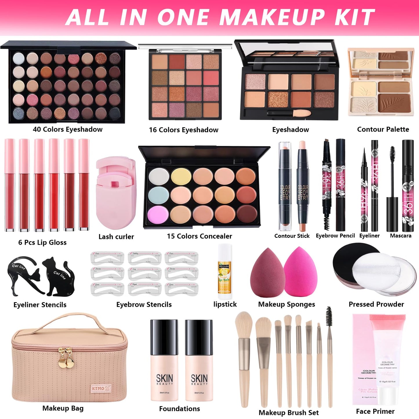 All-in-One Makeup Kit for Women Full Kit, Makeup Gift Set for Women Teens Girls, Makeup Essential Bundle Includes Eyeshadow Foundation Lipsticks Mascara Eyeliner Contour Stick Cosmetic Brush Set