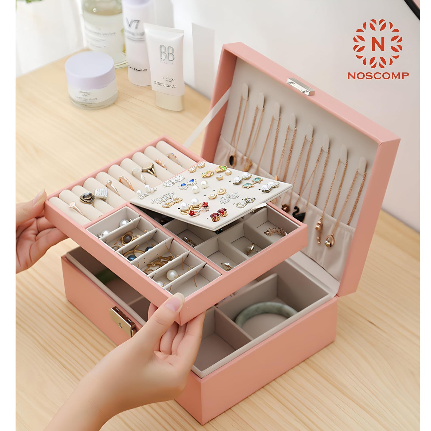 NOSCOMP Faux Leather Organizer Box, Jewellery Organiser, Storage Bag For Necklace: Earrings: Rings: Bracelet, Portable Storage Box Case With Dividers (Pink)