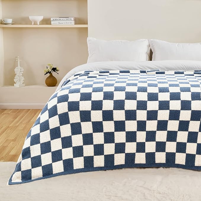 CozeCube Checkered Blanket, Ultra Soft Cozy Blue and White Throw Blanket, Warm Cozy Knit Fuzzy Plush Checkerboard Throw for Couch Bed Sofa, 60"x80"