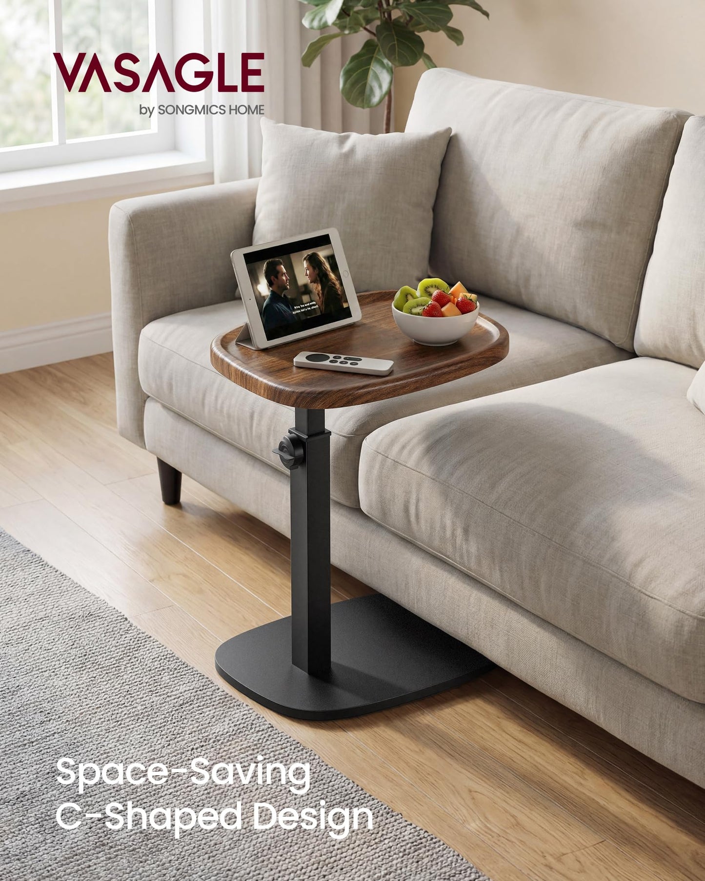 VASAGLE C Side Table Adjustable Height, Couch Sofa Table, End Table, TV Tray for Small Spaces, 11.8 x 15.7 x 27.2 Inches, for Living Room, Bedroom, Walnut Brown and Ink Black ULET363M101