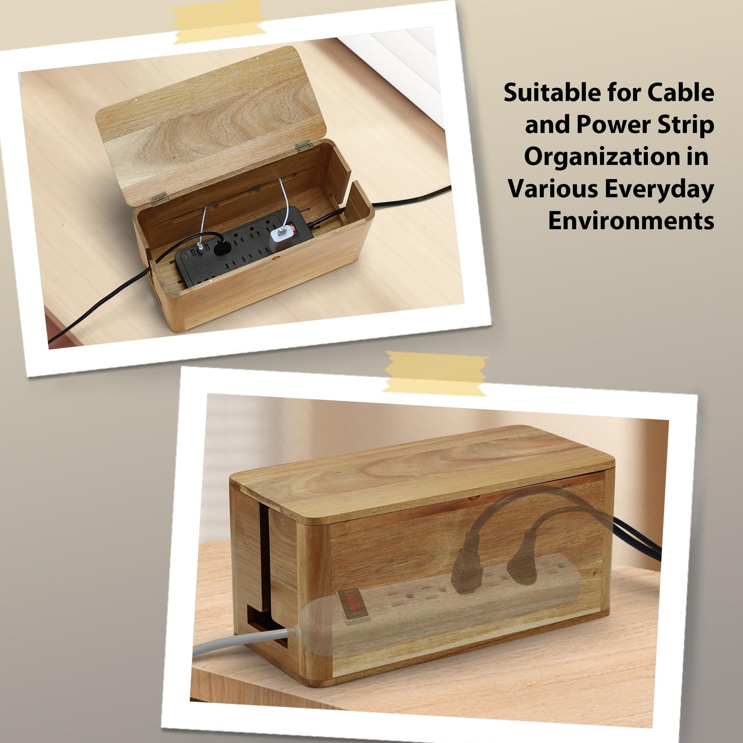 YCLYC Large Acacia Wood Style Cable Management Box, Cord Organizer Power Strip Box with Magnetic Outlet Covers, Cord Hider for Desk and Floor Cable Storage, Ventilated Design
