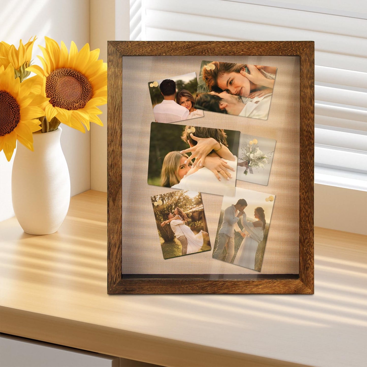 YEPOTUE Shadow Box Frame 11x14, Deep Shadow Box Display Case with Linen Back and Removable Shelves, Wooden Memory Box for Wedding Bouquet, Photos, Medals, Keepsakes (Brown)
