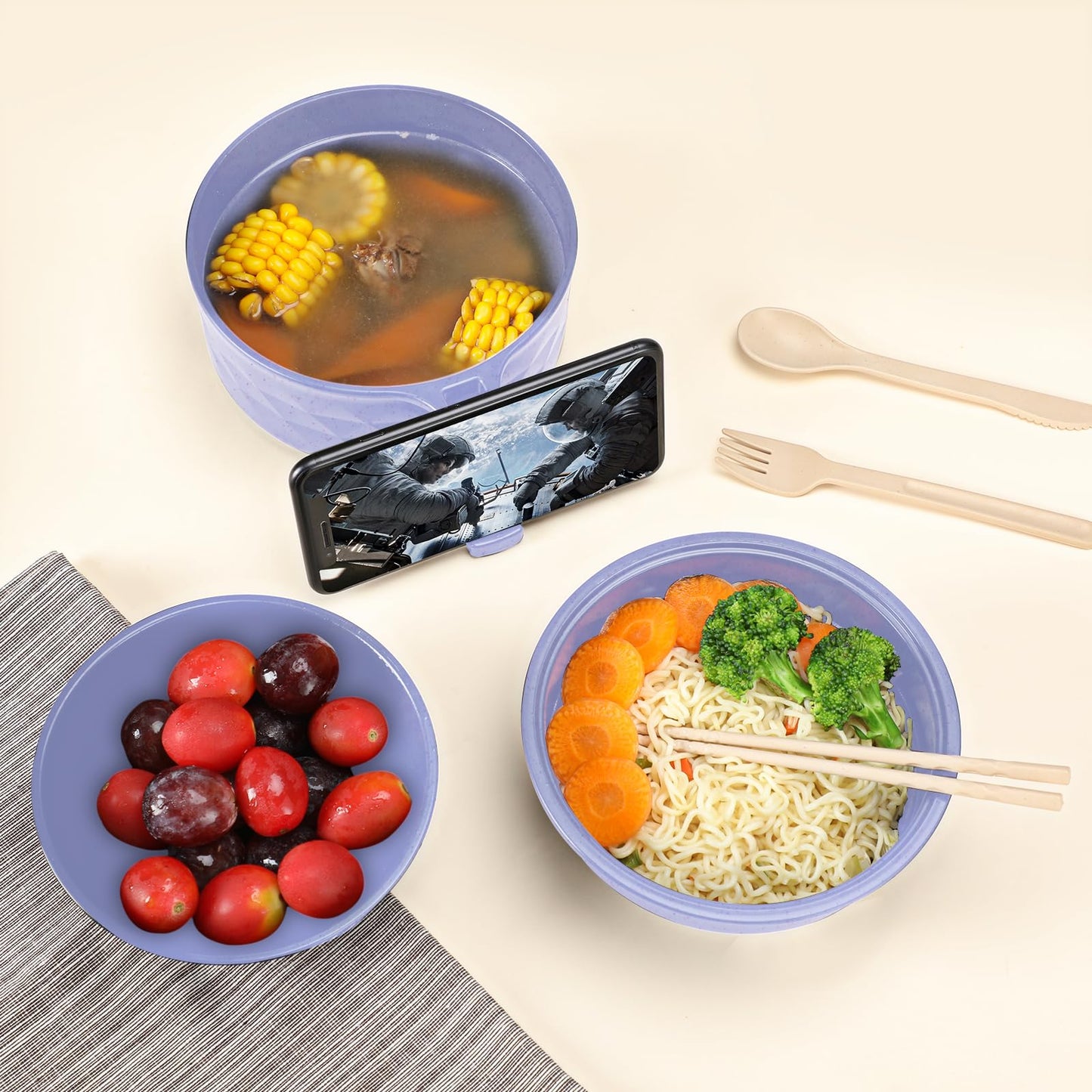 RORBAM Microwave Ramen Cooker,Ramen Bowl Set,Microwave Noodle Bowl With Chopsticks and Spoon, College Dorm Room Essentials for Girls for Boys, Apartment Essentials, BPA-Free. (light purple)