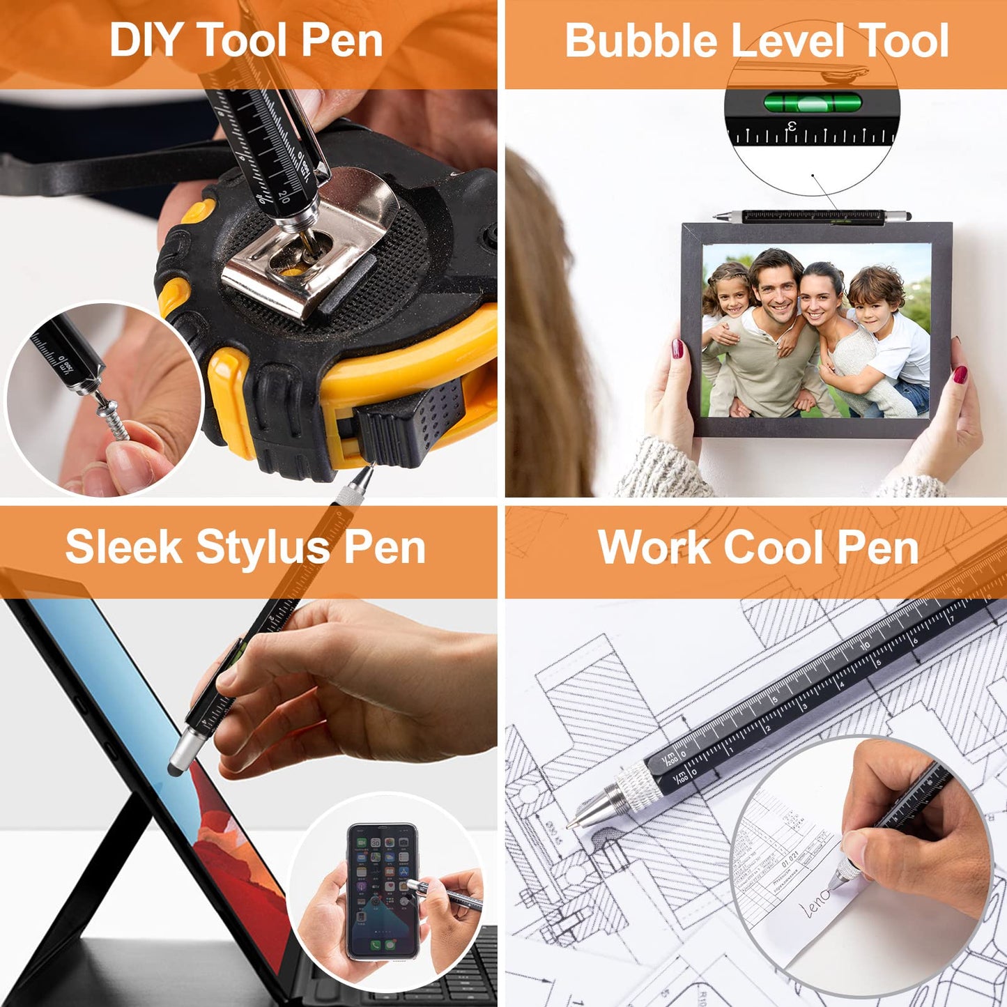 Magnetic Pickup Tool and 6 in 1 Multitool Pen with Touch Screen Stylus, Rulers, Bubble Level, Flathead, Phillips Screwdriver, Ballpoint Pen, BIrthday Gifts for Men, Him, Dad, Mechanic, Women, 2Pack