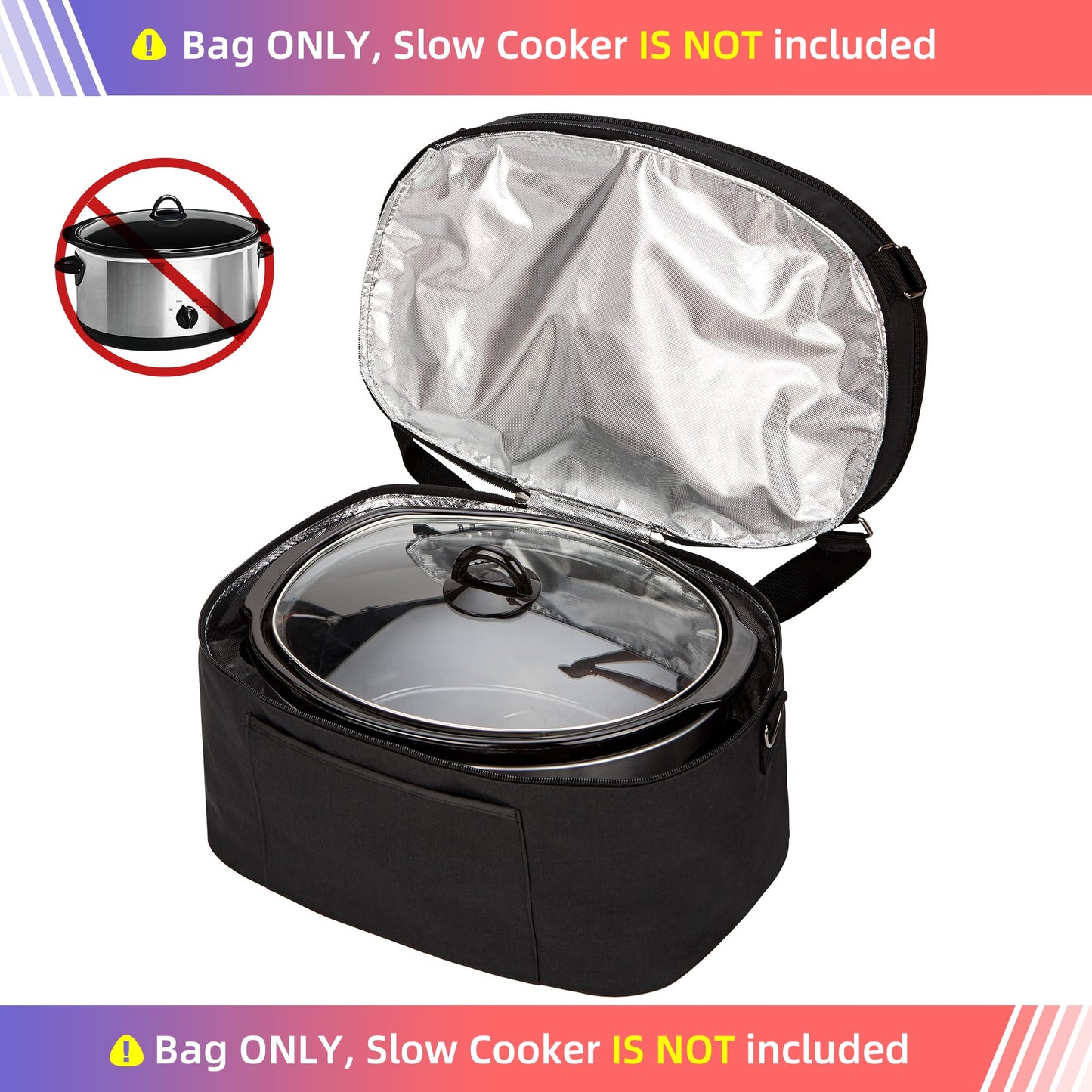 HOMEST Slow Cooker Bag for Crock-Pot 6-8 Quart, Insulated Travel Carrier with Easy to Clean Lining, Carry Case with Top Zip Compartment and Accessory Pocket
