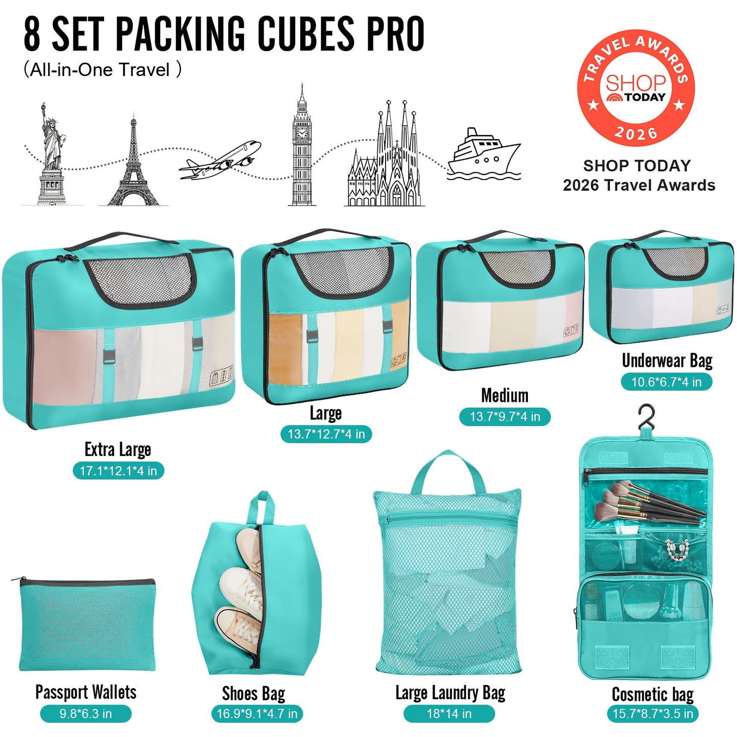 Veken 8 Set Packing Cubes for Travel Essentials, Suitcase Organizer Bags in 4 Sizes, Carry-On Luggage Accessories with Large Laundry & Hanging Toiletry Bag, Must-Have for Airplane, Road Trip & Camping