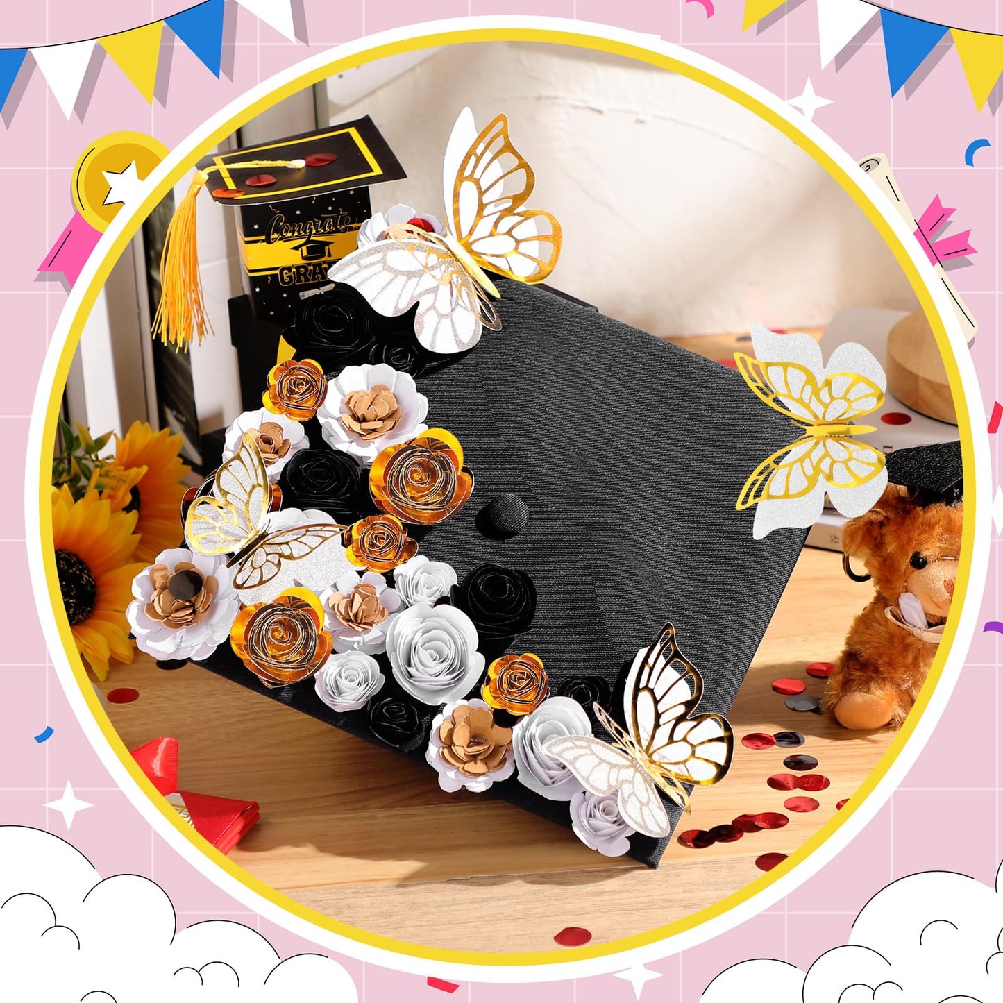 Dinifee 36 Pcs DIY Graduation Cap Decorations Accessory Kit Include Faux Paper Flower Heads 3D Butterfly Grad Cap Mini Paper Flowers Decorations for Grad Cap Topper DIY Graduation Gift(Black, Gold)