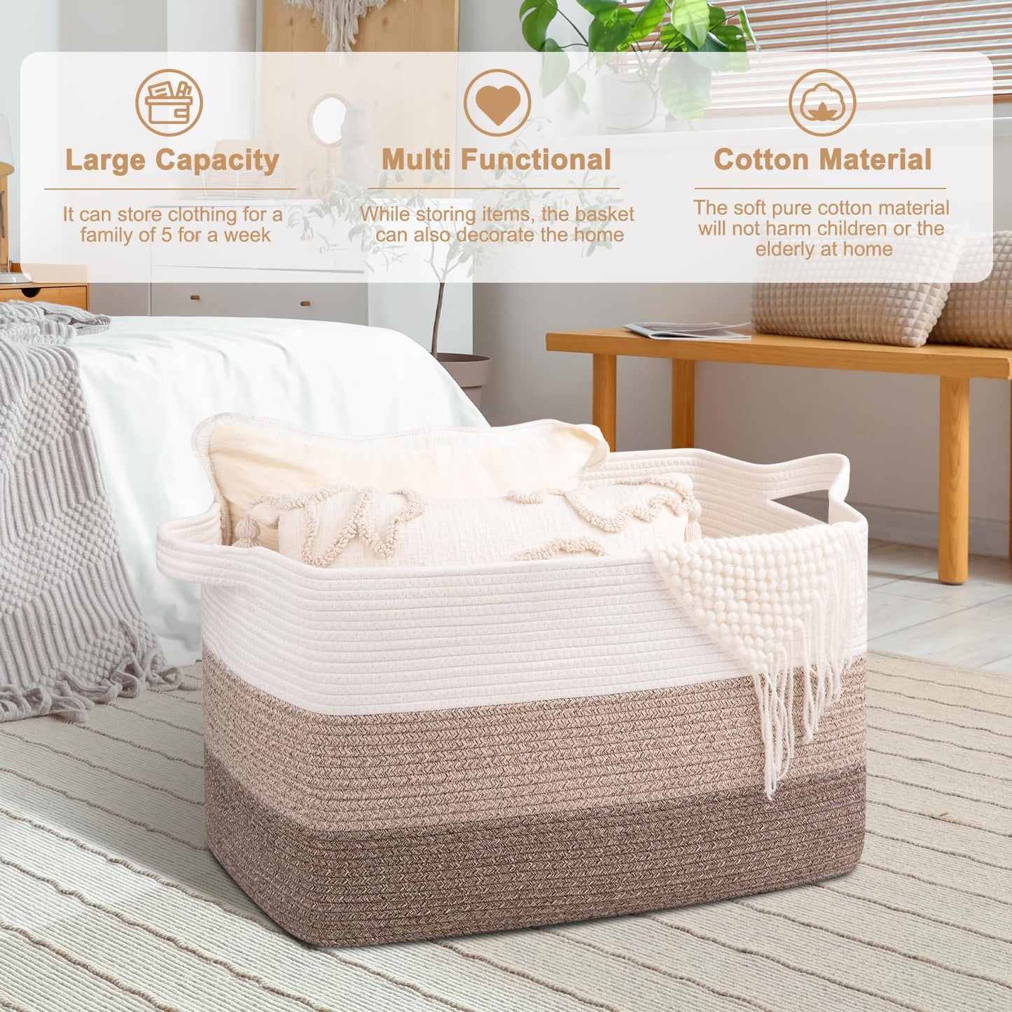 OIAHOMY Extra Large Blanket Basket, 95L Woven Storage Basket, Cotton Rope Toy Bin for Baby Room, Container for Storage in Living Room, 24''×17''×14'', Gradient Brown
