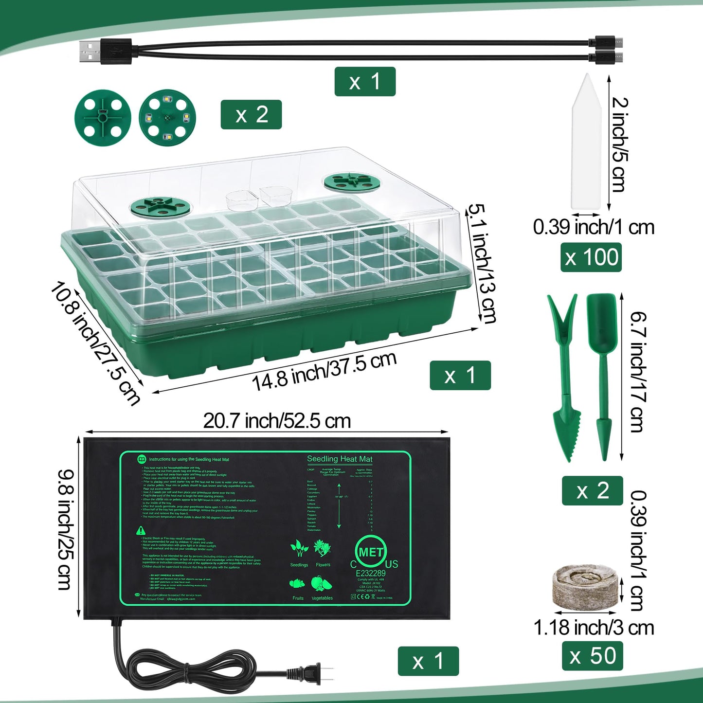 Hahood Seed Starter Kit with Grow Light Seedling Heat Mat 48 Cells Seed Starter Tray with Humidity Dome and Base Germination Trays Plastic Growing Trays Plant Propagation Kit for Seed Starting, Green