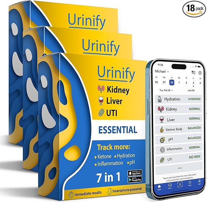 Mobile App Urine Test Strips -Trusted at Home Kidney and Liver Test Kit, Urinary Protein, UTI Test, Hydration, Ketone Body, pH, Urinalysis- Essential Kit (18 Strips)
