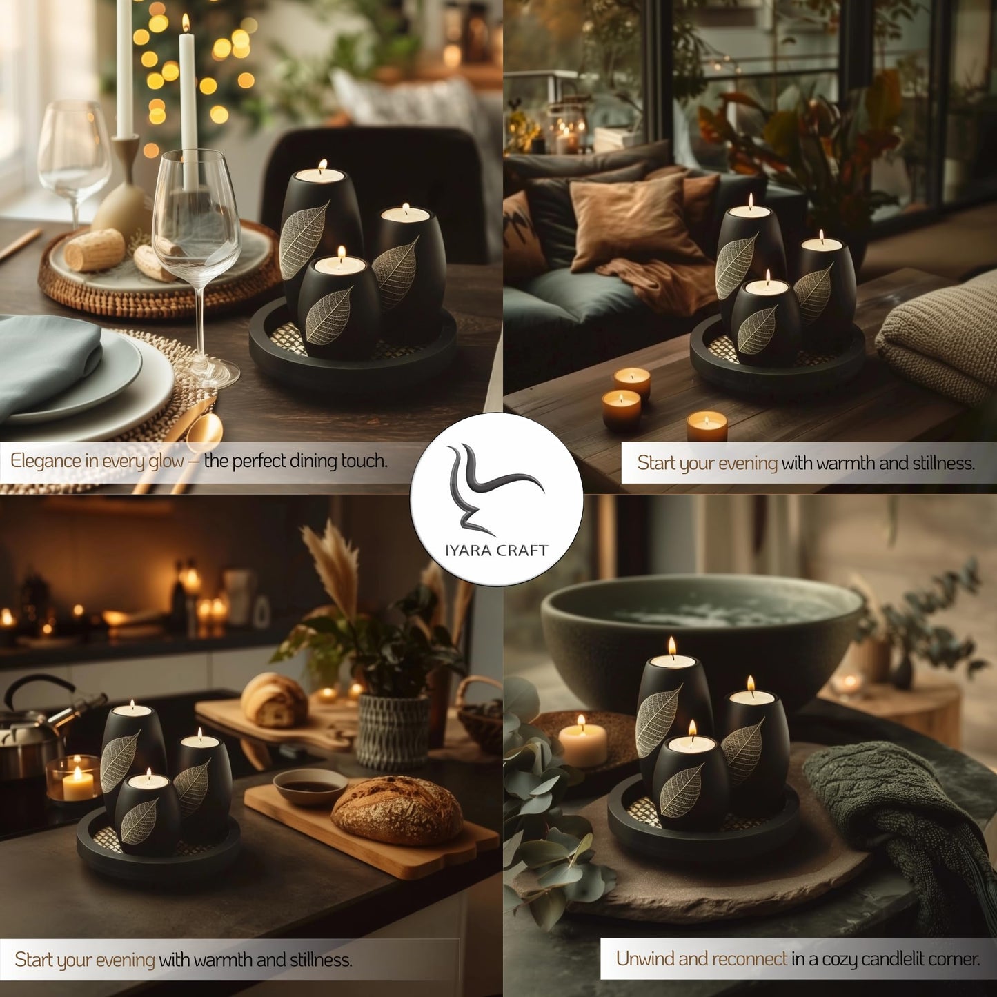 IYARA CRAFT Candle Holder Set with Tray – 3 Handmade Wood Tealight Holders, Black Leaf Design, Winter Home Décor, Spa-Inspired Holiday Centerpiece & Elegant for Women, Mom, Housewarming