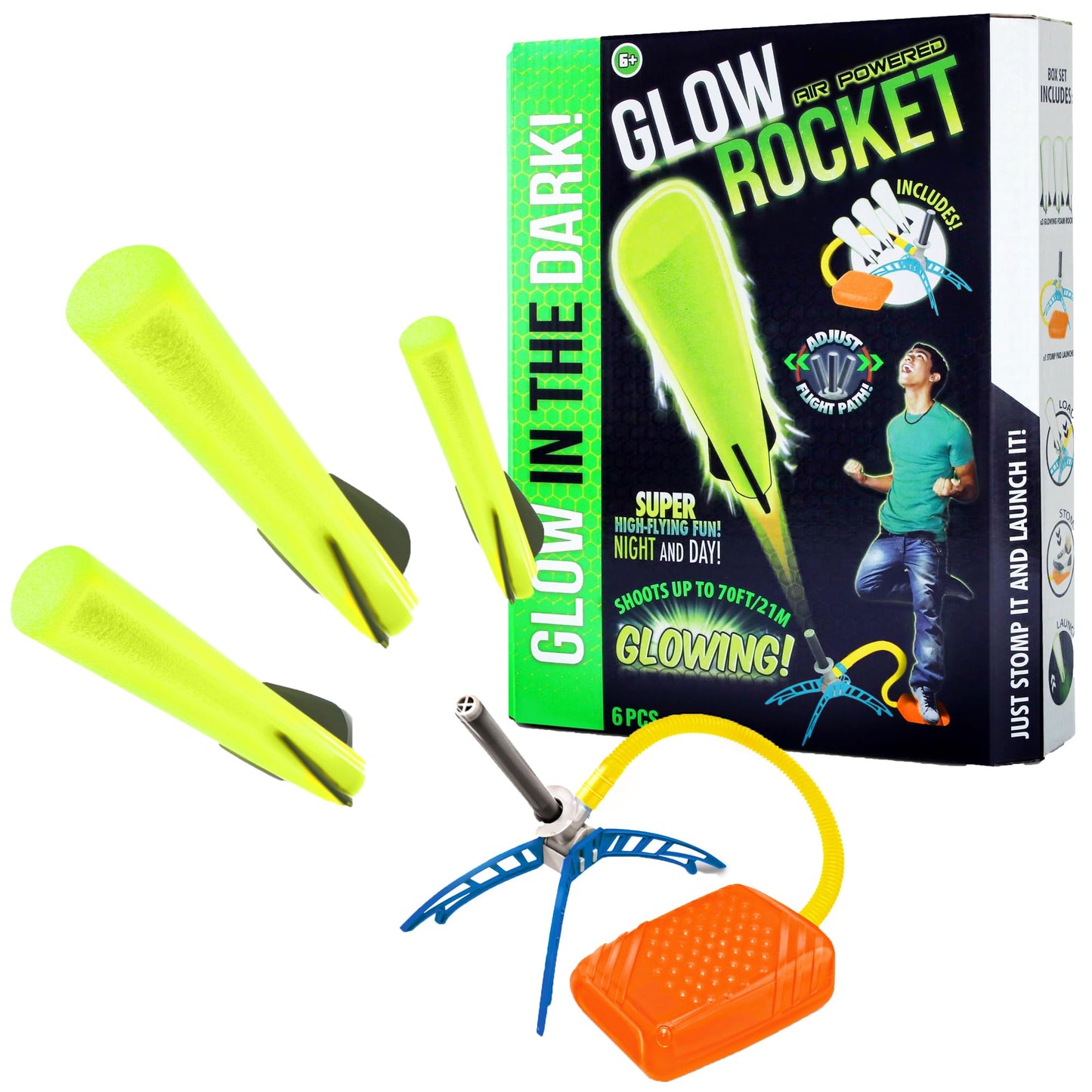 Lanard: Glow Air Powered Rocket - Super High-Flying Toy, 3 Foam Rockets, Launch Stomp Pad, Soars Up to 70', Adjustable Flight, Outdoor Play, Kids 6+