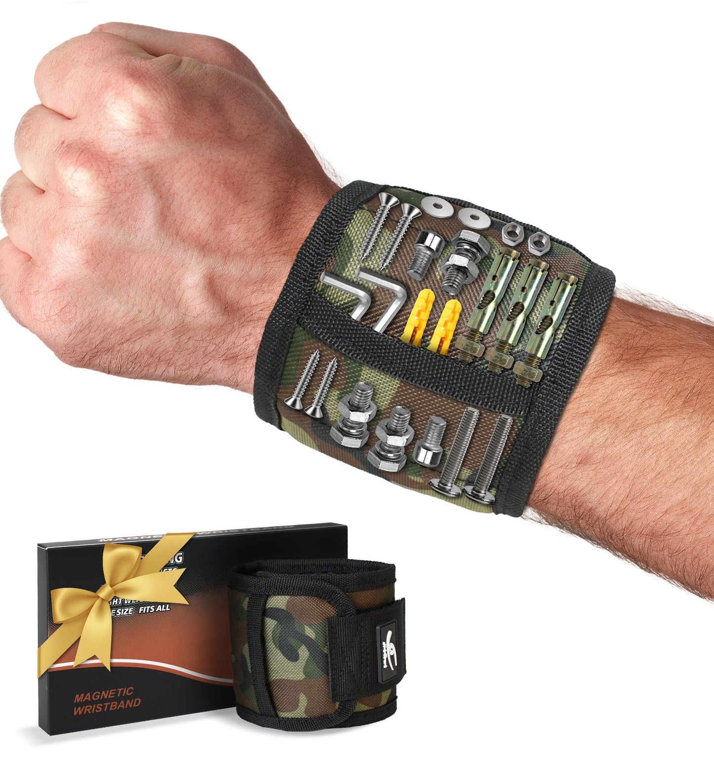 HiRui Magnetic Wristband for Tools – Ultra-Strong 15 Neodymium Magnets Hold Screws, Nails & Bits, Dual Pockets – Hands‑Free for DIY, Home Repairs, Auto – Gift‑Ready for Dad, Husband, Grandpa (CAMO)
