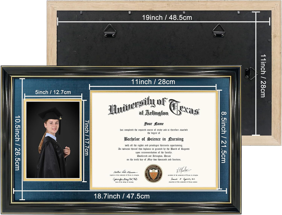 GraduationMall 11x19 Black Diploma and Photo Frame for 8.5x11 Certificate,5x7 Picture,Tempered Glass,Navy Blue over Gold Double Mat