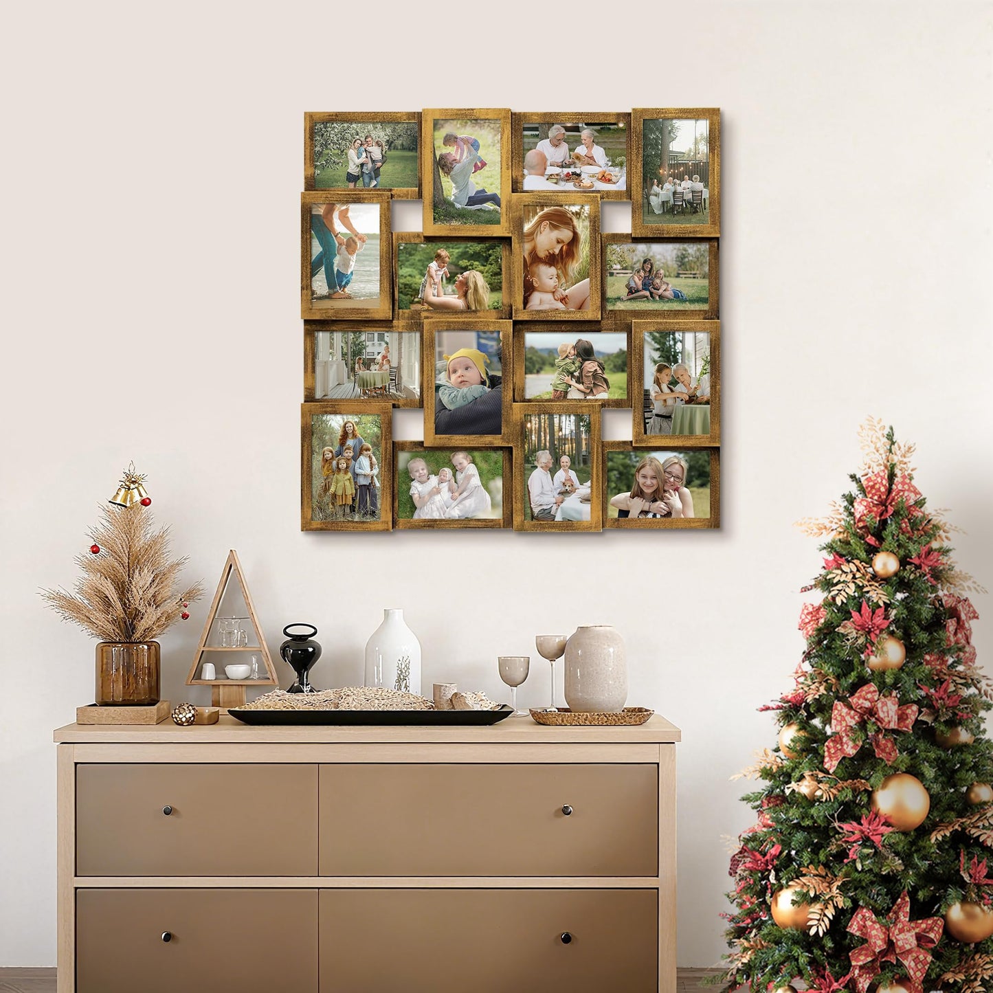 J.M.Deco Collage Picture Frames for Wall 16 Opening, Large Photo Frame Collage Wall Hanging for 4x6 Photo, Reunion Friends Family Memory, Christmas Gift - Retro Gold