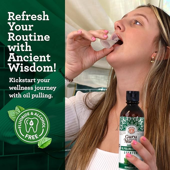 GuruNanda Starter Pulling Oil Mouthwash for Natural Teeth Whitening, Coconut and Peppermint Oil for Fresh Breath & Happy Gums, with Tongue Scraper, Alcohol-Free, 2X8 Oz