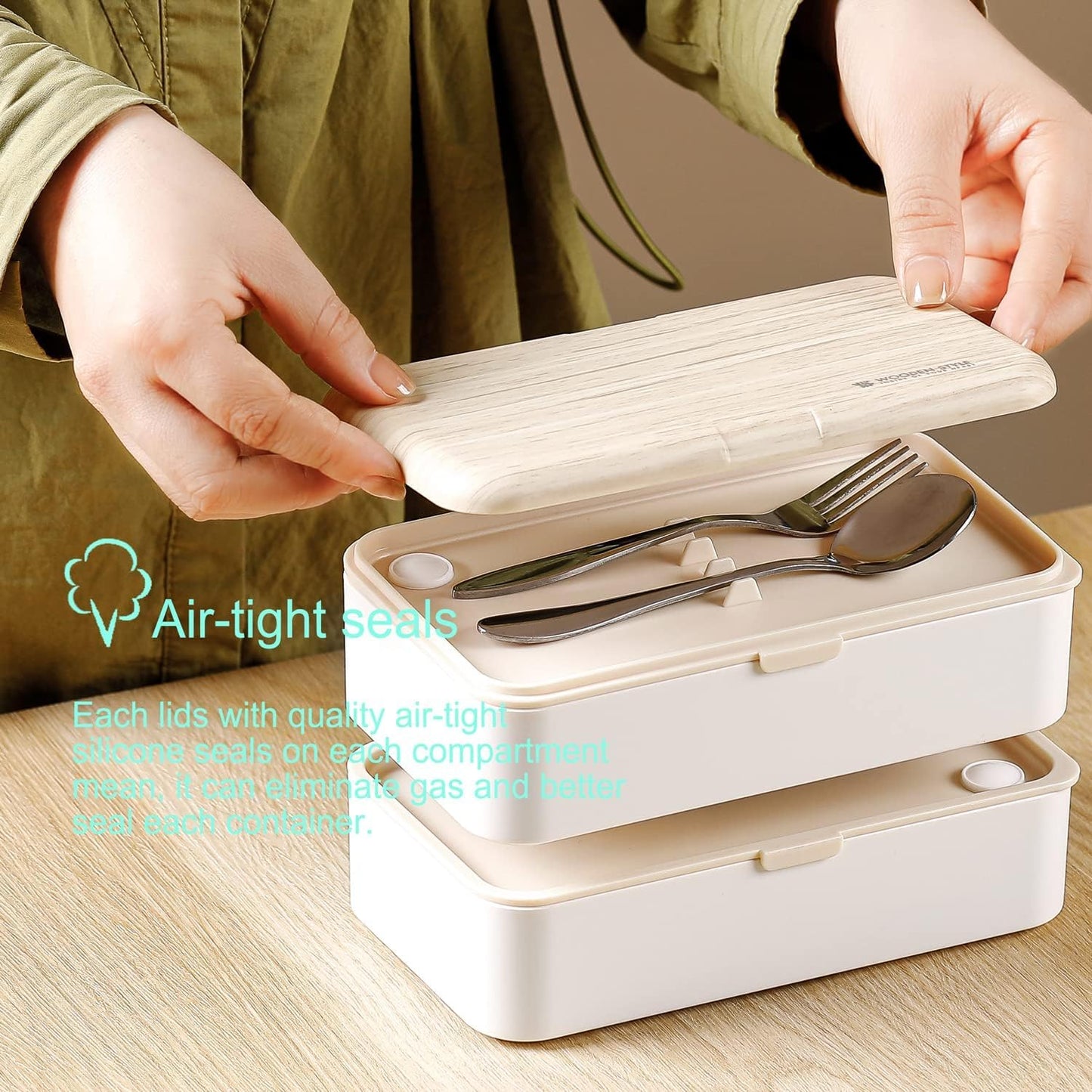 Binoster Original Bento Box Lunch Box Japanese Style 2 Layer Food Containers with Utensils Spoon and Fork Bundle Divider Salad Box for Men Women(White)