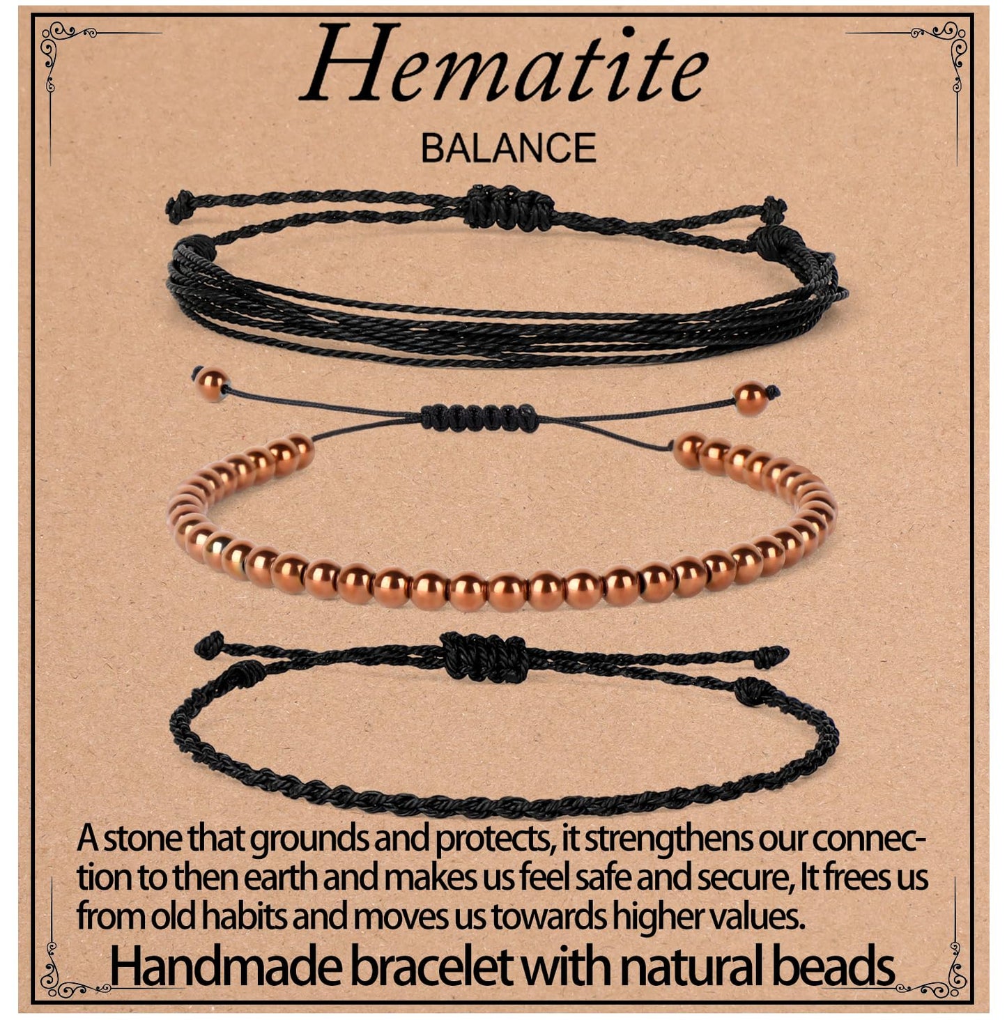 QOGIR Handmade Healing Bracelet,4mm Natural Copper Hematite Gem Stone Beads Bracelet Gifts for Men Women with 2PCS Size Adjustable Rope Bracelets