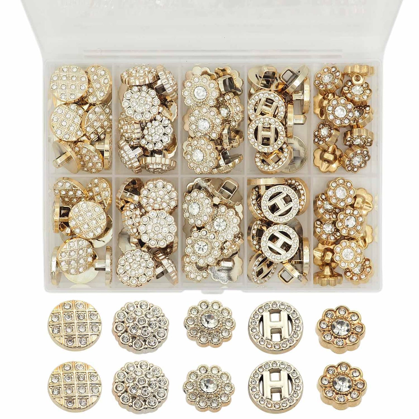 Xiufortion 80PCS Plastic Embellishment Buttons with Rhinestones Set for Coat，Suits，Knitting Sweaters, Sewing Crafting, Replacement, Handmade Crafts stored in a Plastic Box（5 Styles Mixed）