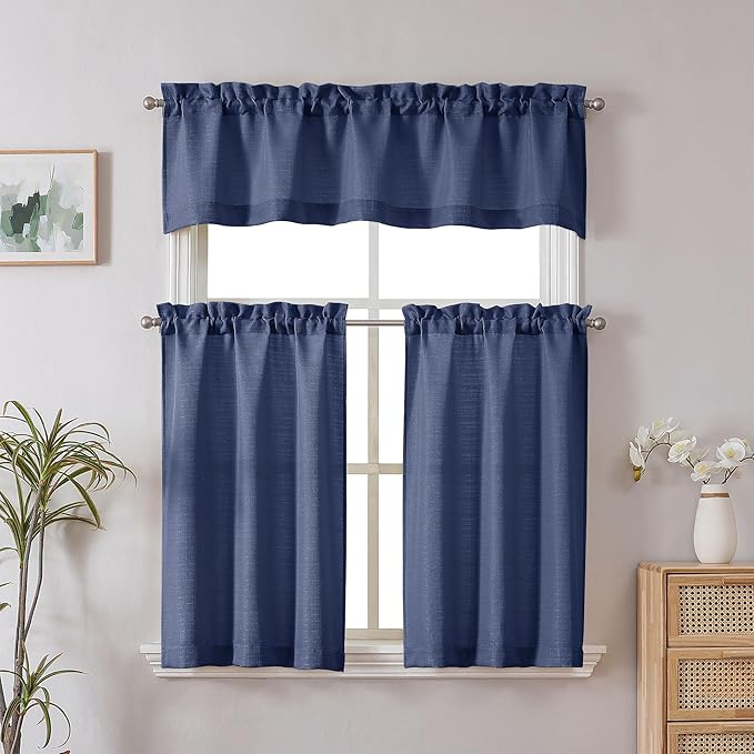 Chyhomenyc Bennet 2 Panels Blue Kitchen Curtains 36 Inch Length Tier Curtain, Faux Linen Textured Small Cafe Curtain, Light Filtering Short Window Curtains for Bathroom Basement, 30x36 inch