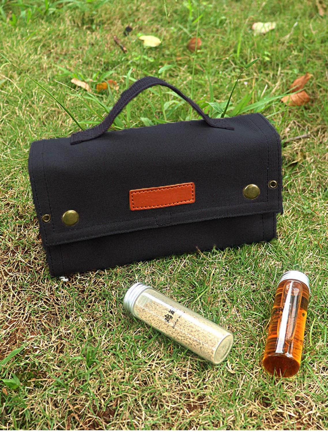Travel Spice Kit, Portable Spice Bag with 10 Spice Jars, Canvas Seasoning Storage Bag Organizer, Seasoning Bottle Holder with Mini Condiment Bottle, Condiment Container Set for Camping BBQ(Black)