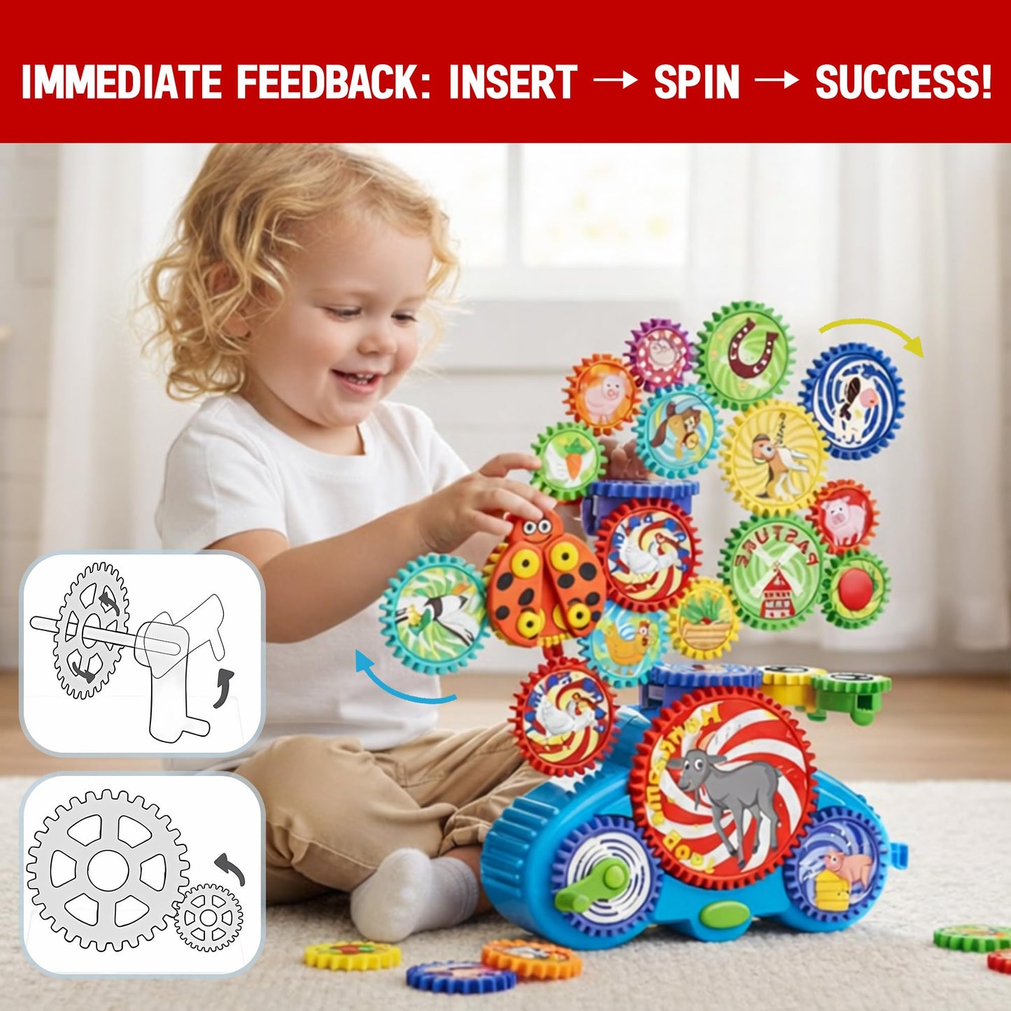 ROHSCE Motorized Gear Building Blocks Toys, Electric Farm Animal Spinning Set Ages 3-6, STEM Learning Construction Kit, Fine Motor Cause-Effect Gift for Boys Girls