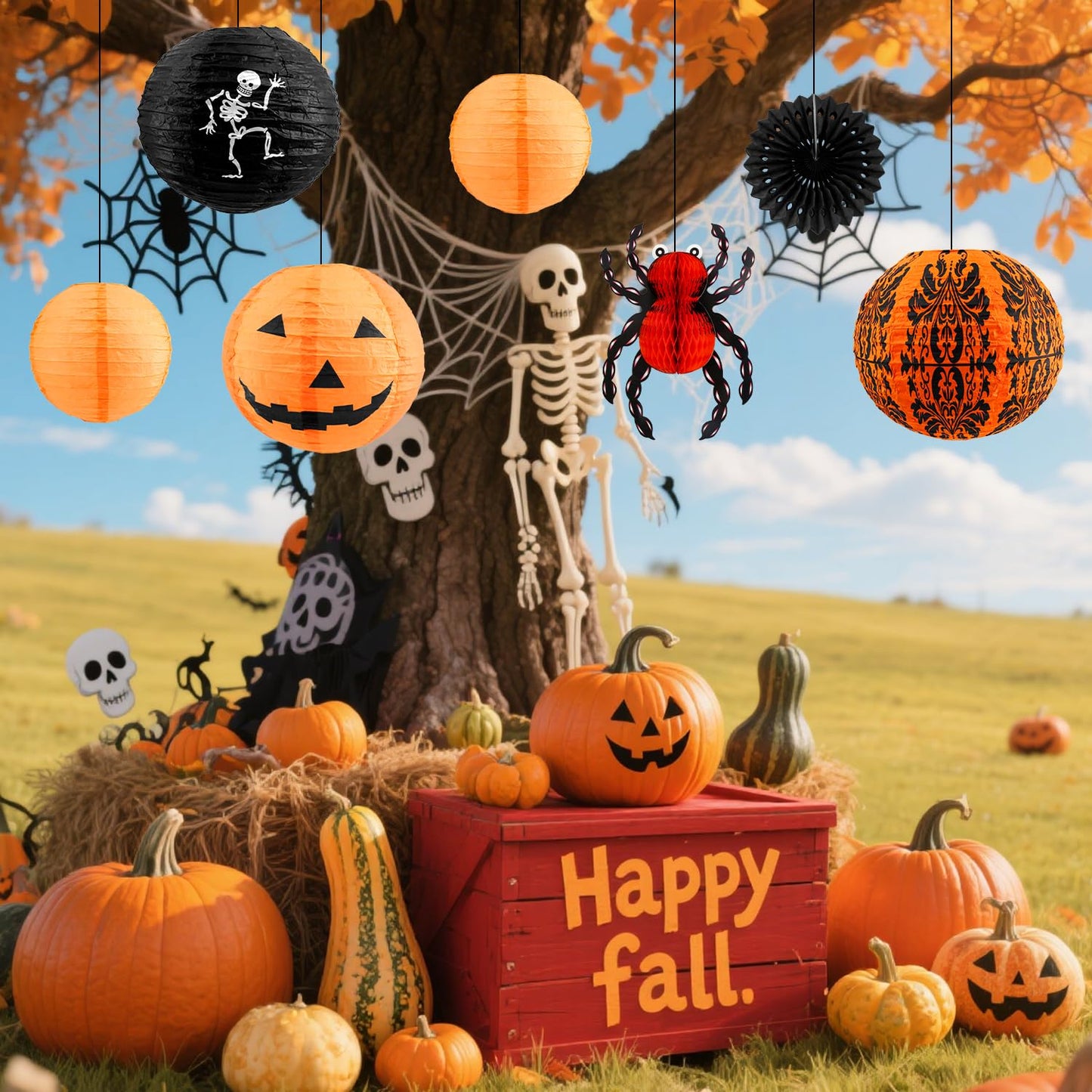 12 Pcs Halloween Hanging Decorations Paper Lanterns, Jack-o'-Lanterns Spider Skeleton Pumpkin for Indoor Outdoor Home Decor, Party Supplies, Yard - 12" & 8"