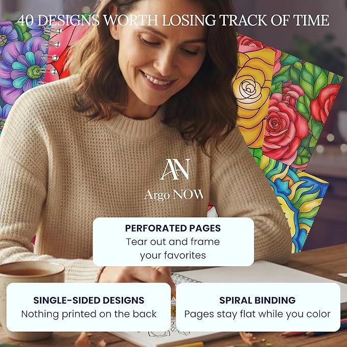 Spiral Bound Adult Coloring Book for Women - 40 Mandala and Flowers Designs - Stress Relief & Relaxation - Single Sided, Perforated Pages, Large A4 Format